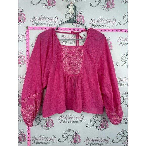 Rain Tops - Rain top Embroidered Square-Neck Peasant Blouse in Fuchsia